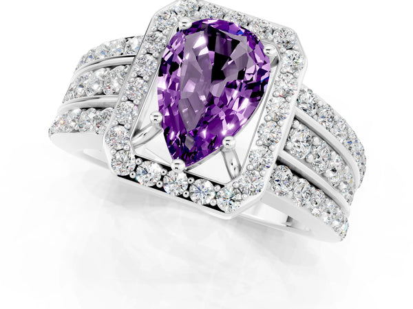 White gold Pear Cut Halo Amethyst Ring with Round  Split Shank and Prong Setting