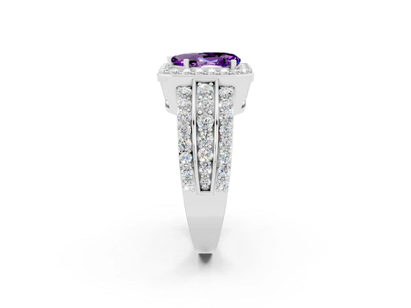 Silver Pear Cut Halo Amethyst Ring with Round  Split Shank and Prong Setting