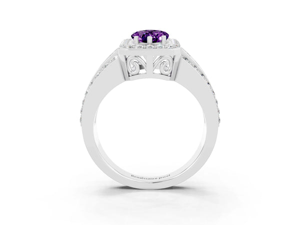 Silver Pear Cut Halo Amethyst Ring with Round  Split Shank and Prong Setting