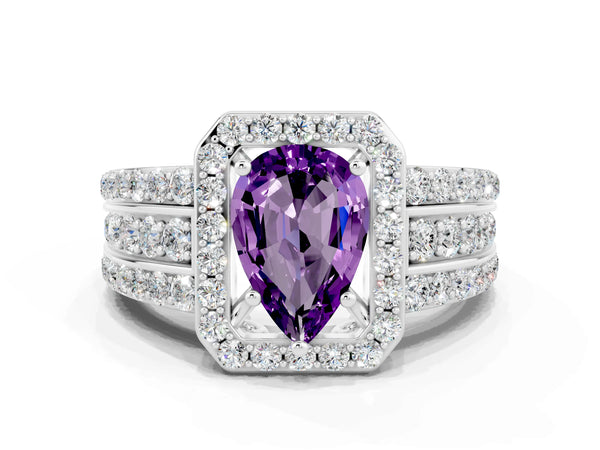 Silver Pear Cut Halo Amethyst Ring with Round  Split Shank and Prong Setting