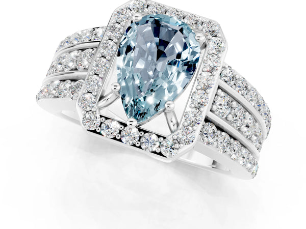 Platinum Pear Cut Halo Aquamarine Ring with Round  Split Shank and Prong Setting