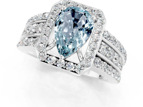 White gold Pear Cut Halo Aquamarine Ring with Split Shank and Four-Prong Setting_1