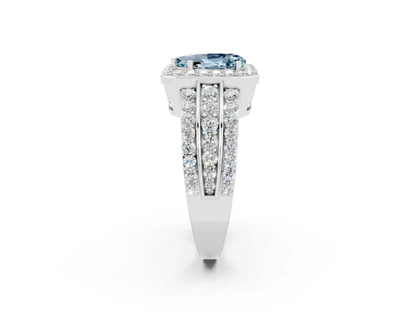 Platinum Pear Cut Halo Aquamarine Ring with Round  Split Shank and Prong Setting
