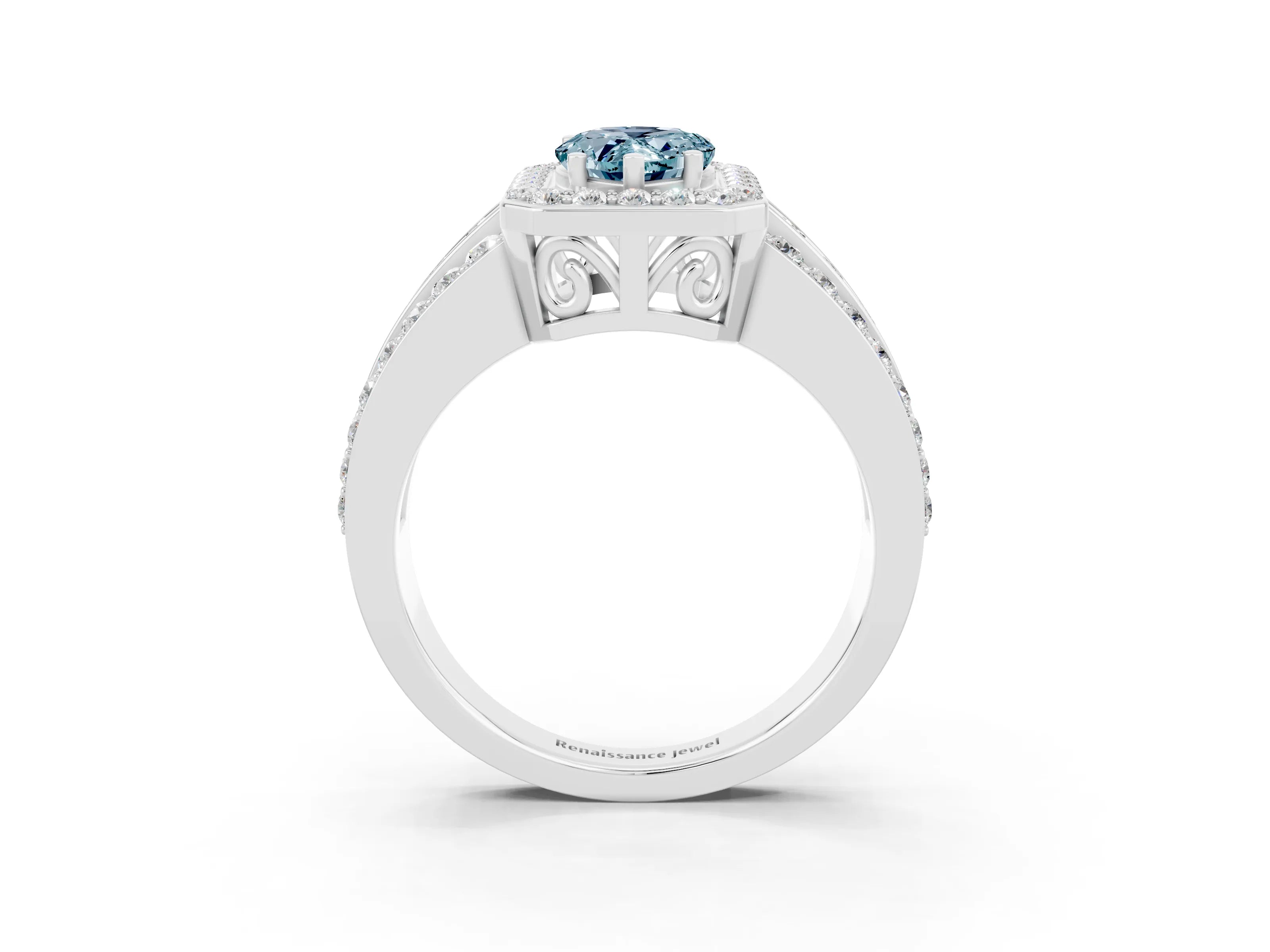 White gold Pear Cut Halo Aquamarine Ring with Split Shank and Four-Prong Setting_3