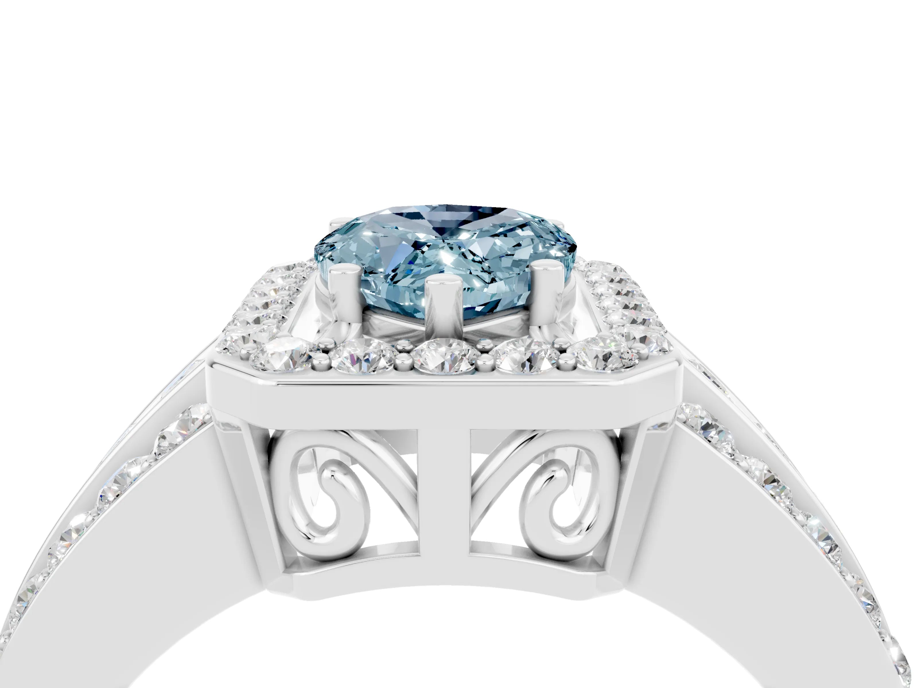 White gold Pear Cut Halo Aquamarine Ring with Split Shank and Four-Prong Setting_4