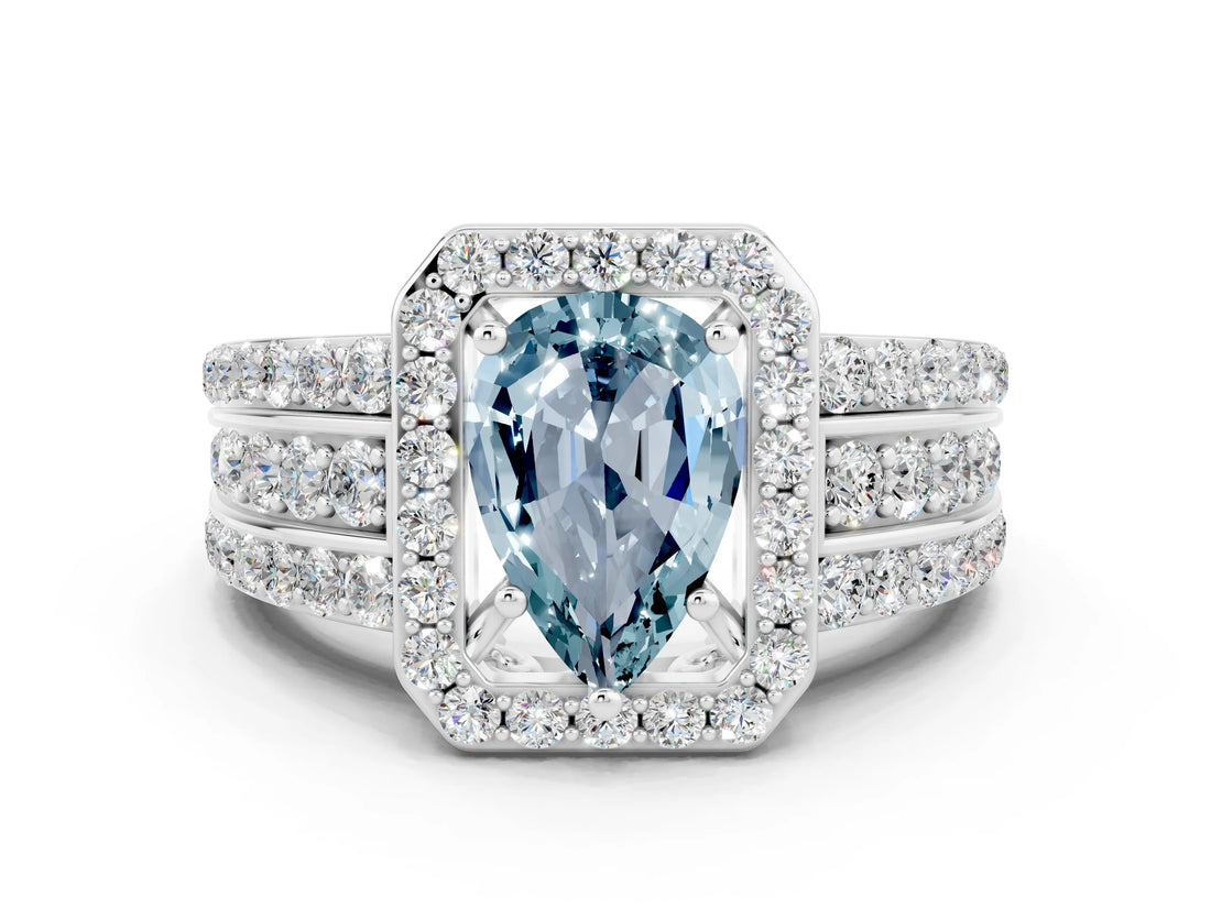 White gold Pear Cut Halo Aquamarine Ring with Split Shank and Four-Prong Setting
