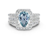 White gold Pear Cut Halo Aquamarine Ring with Split Shank and Four-Prong Setting