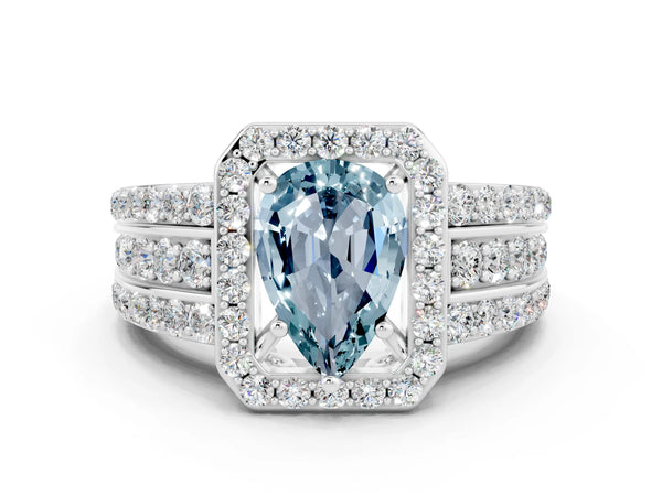 White gold Pear Cut Halo Aquamarine Ring with Round  Split Shank and Prong Setting