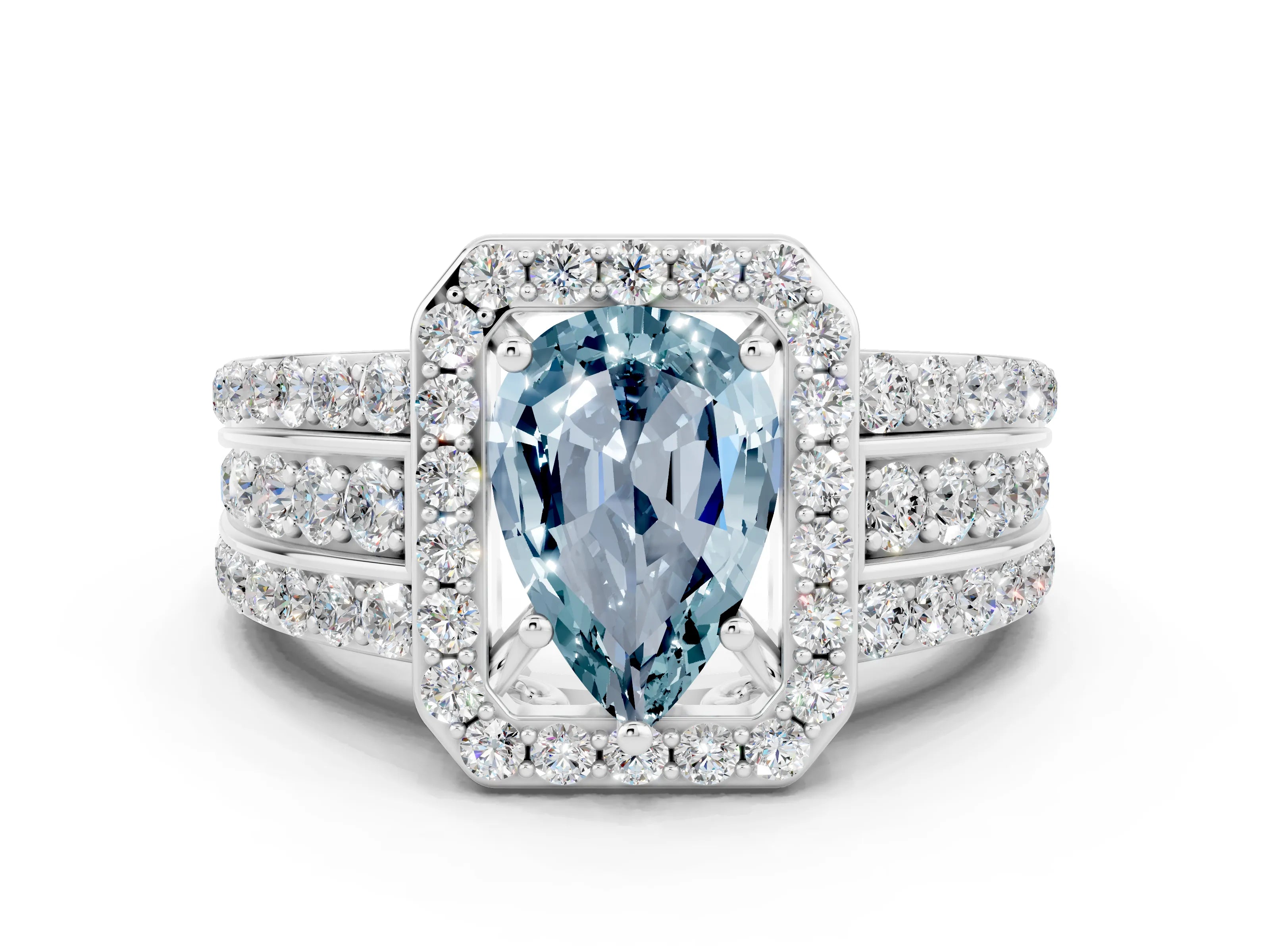 White gold Pear Cut Halo Aquamarine Ring with Split Shank and Four-Prong Setting
