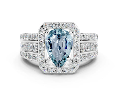 White gold Pear Cut Halo Aquamarine Ring with Split Shank and Four-Prong Setting