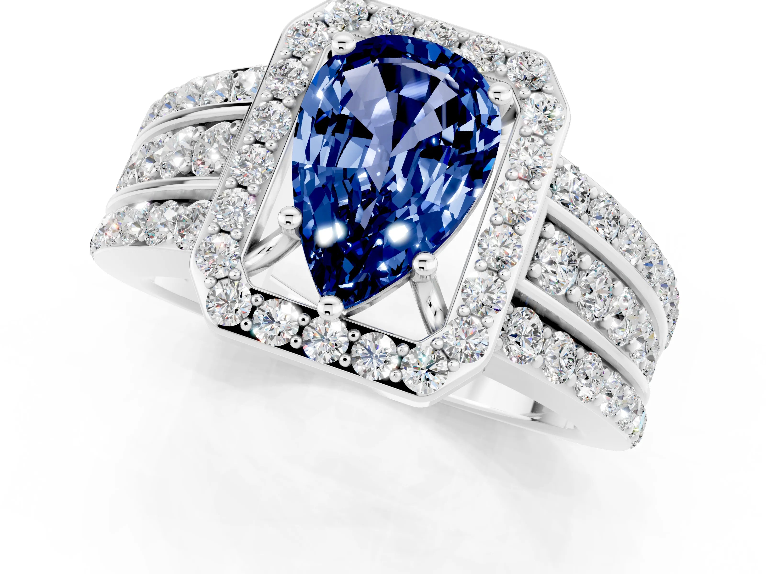 White gold Pear Cut Halo Blue Sapphire Ring with Split Shank and Four-Prong Setting_1
