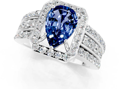 White gold Pear Cut Halo Blue Sapphire Ring with Split Shank and Four-Prong Setting_1