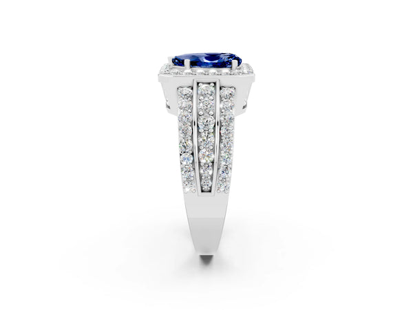 Platinum Pear Cut Halo Blue Sapphire Ring with Round  Split Shank and Prong Setting