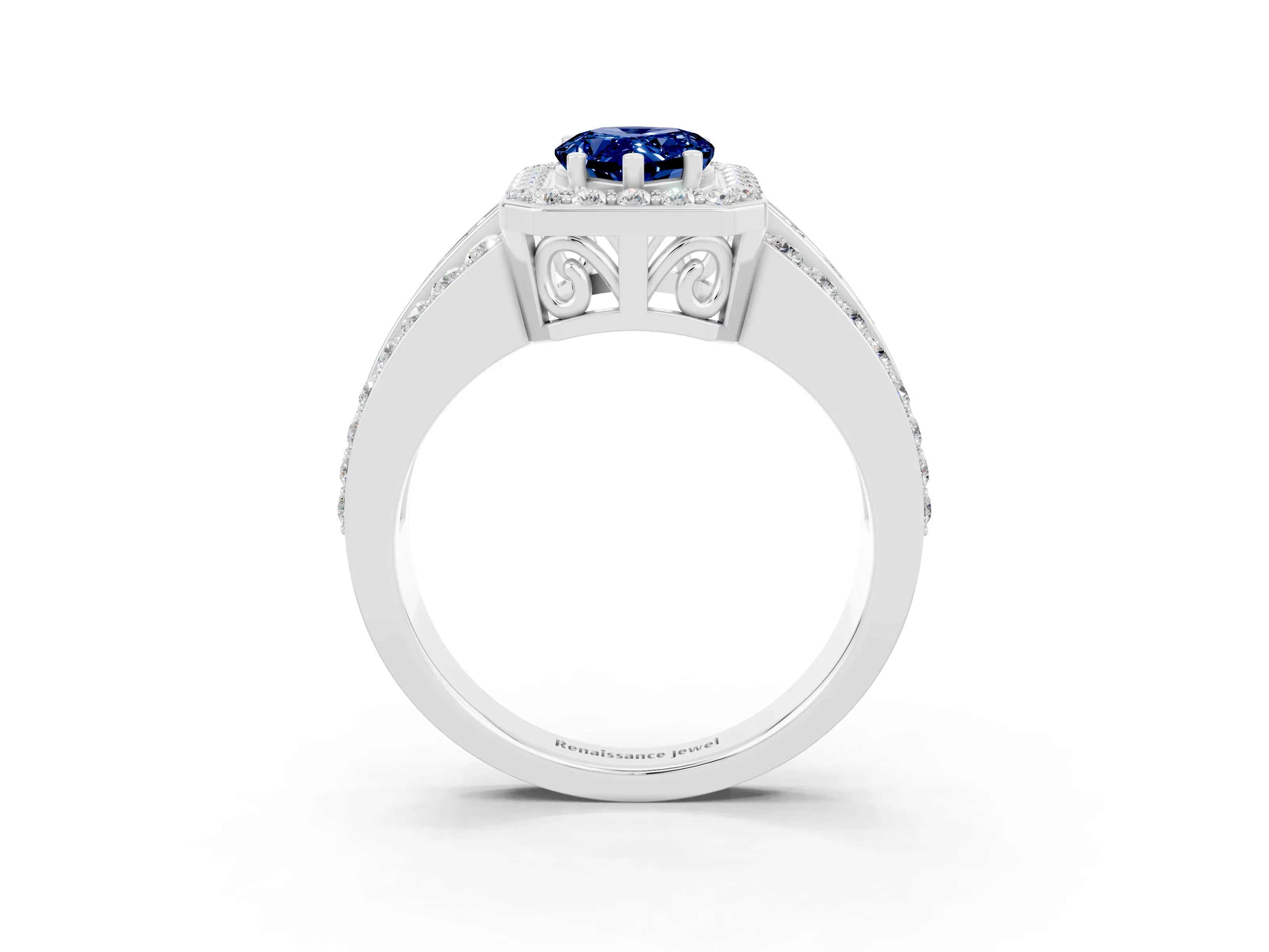 White gold Pear Cut Halo Blue Sapphire Ring with Split Shank and Four-Prong Setting_3