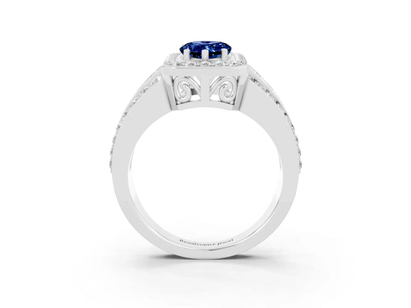 Silver Pear Cut Halo Blue Sapphire Ring with Round  Split Shank and Prong Setting