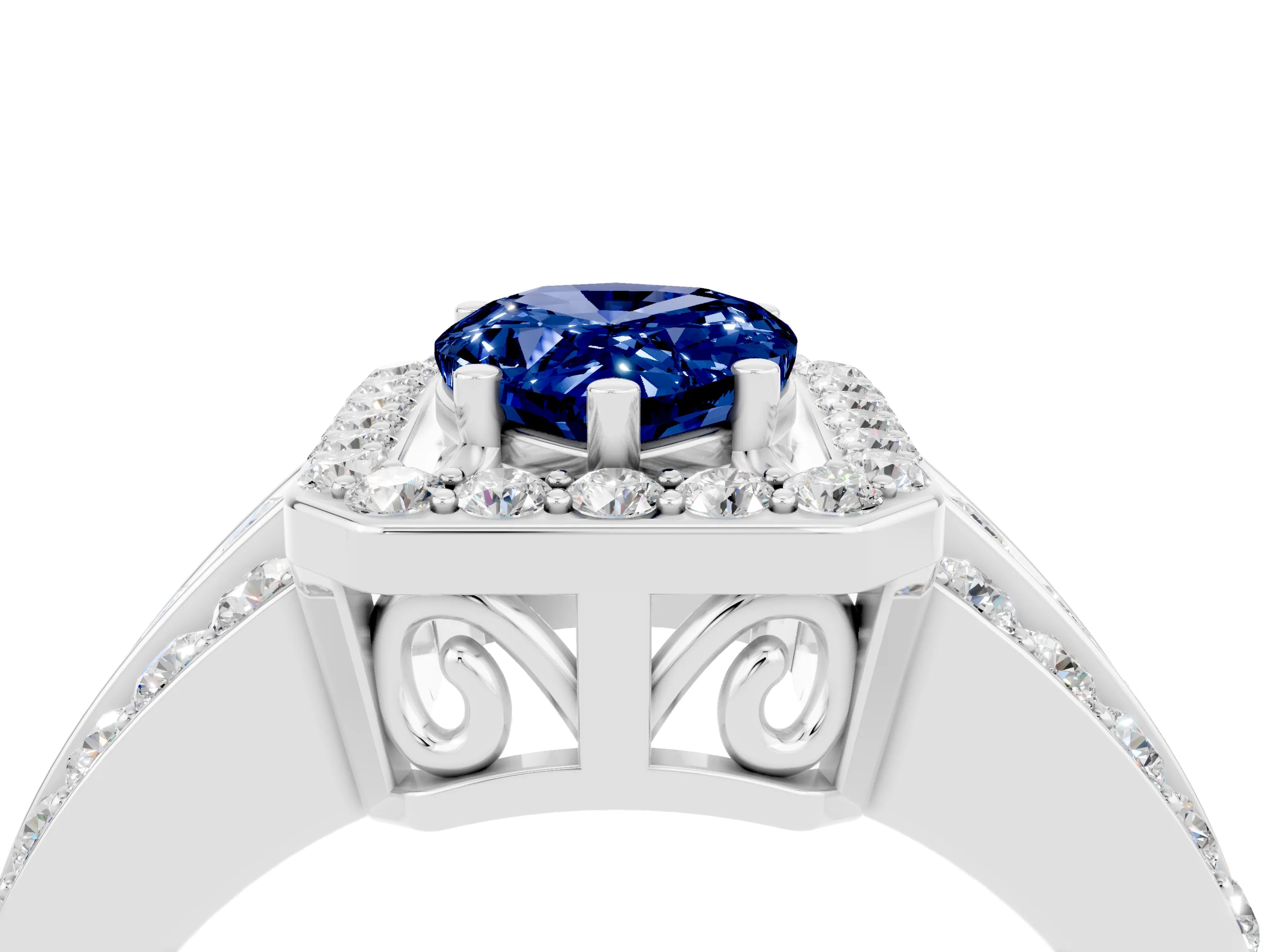 White gold Pear Cut Halo Blue Sapphire Ring with Split Shank and Four-Prong Setting_4
