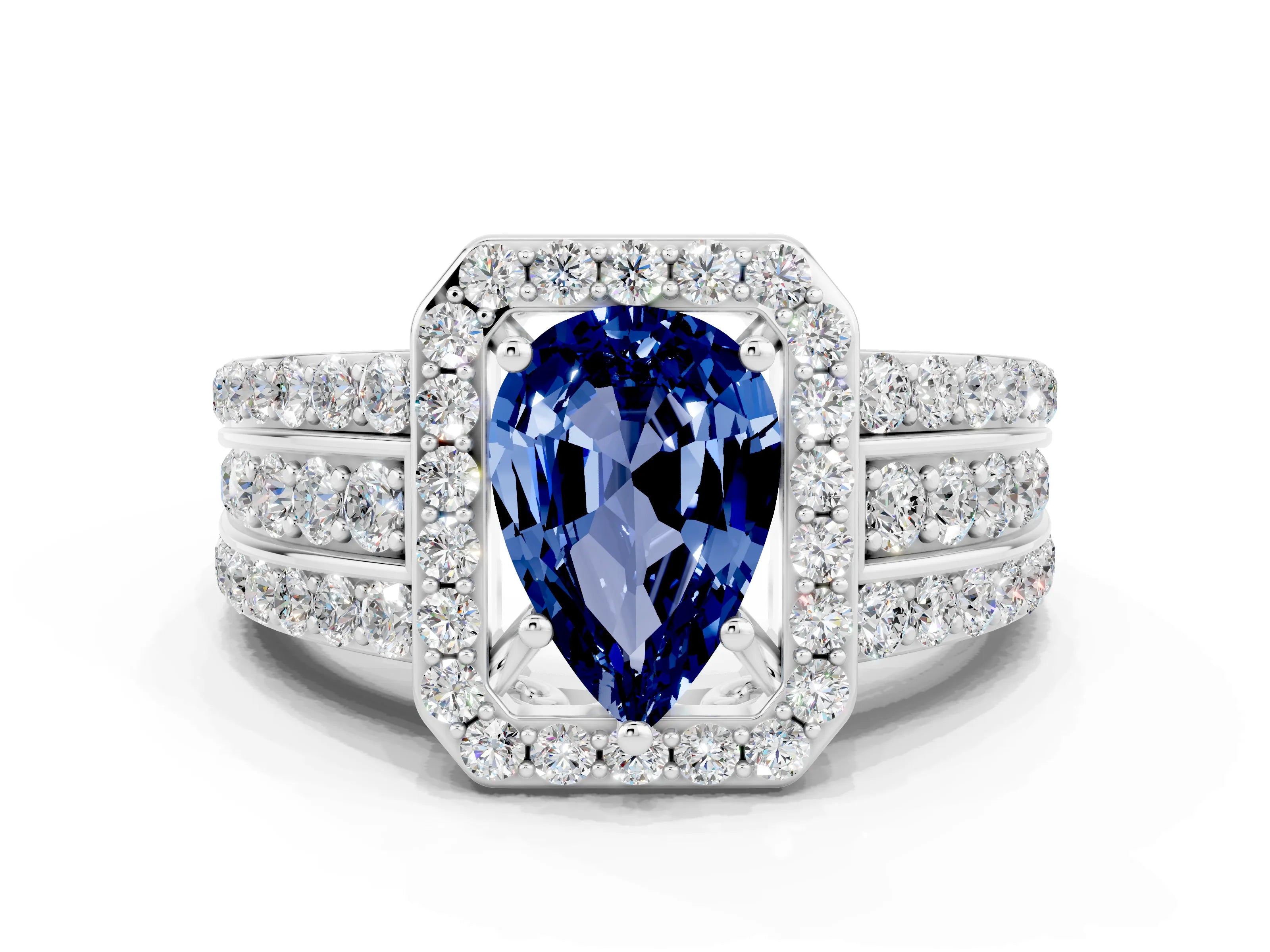 White gold Pear Cut Halo Blue Sapphire Ring with Split Shank and Four-Prong Setting