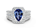 White gold Pear Cut Halo Blue Sapphire Ring with Split Shank and Four-Prong Setting