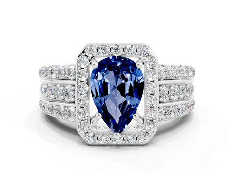 White gold Pear Cut Halo Blue Sapphire Ring with Split Shank and Four-Prong Setting