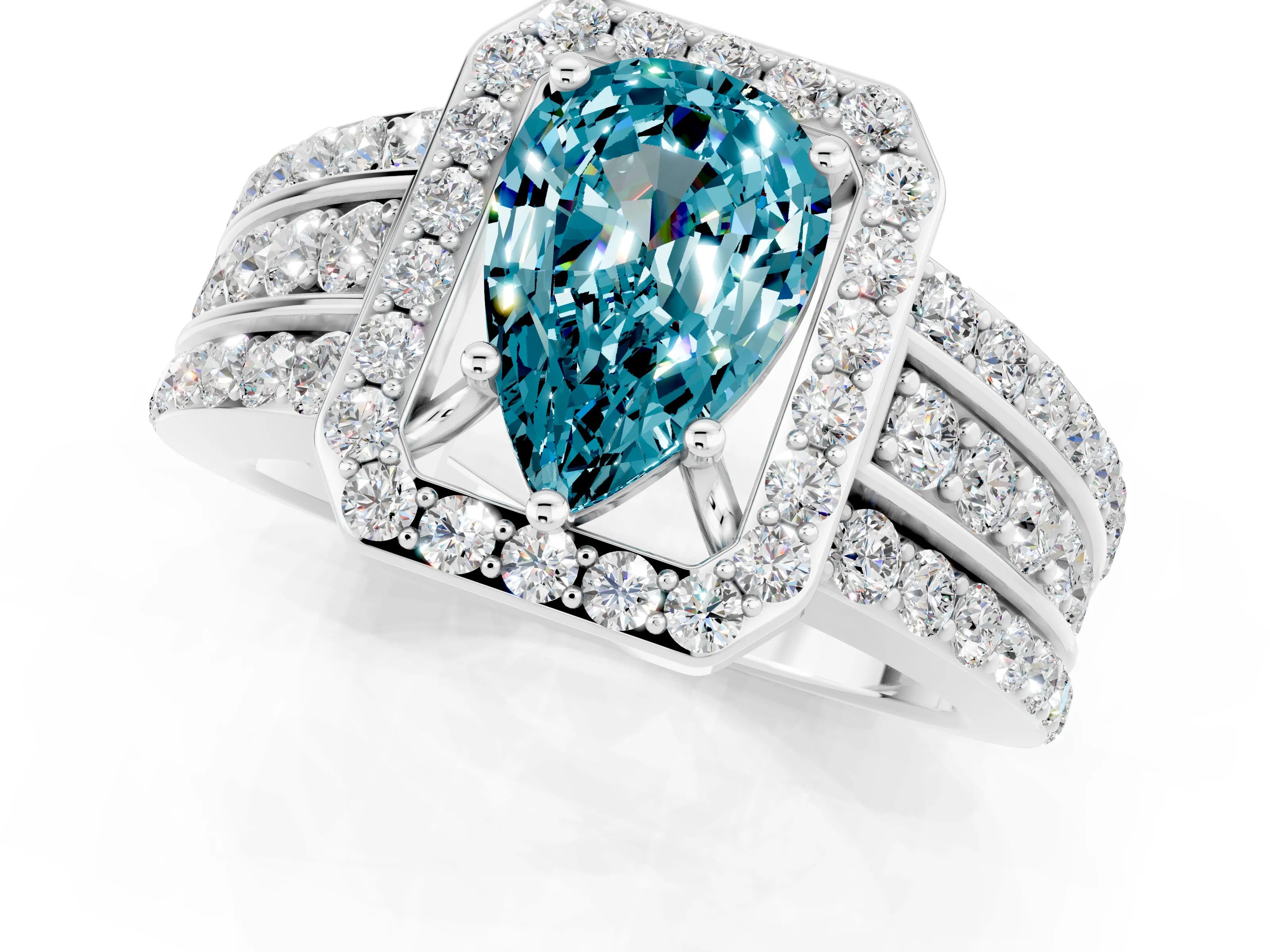 White gold Pear Cut Halo Blue Topaz Ring with Split Shank and Four-Prong Setting_1