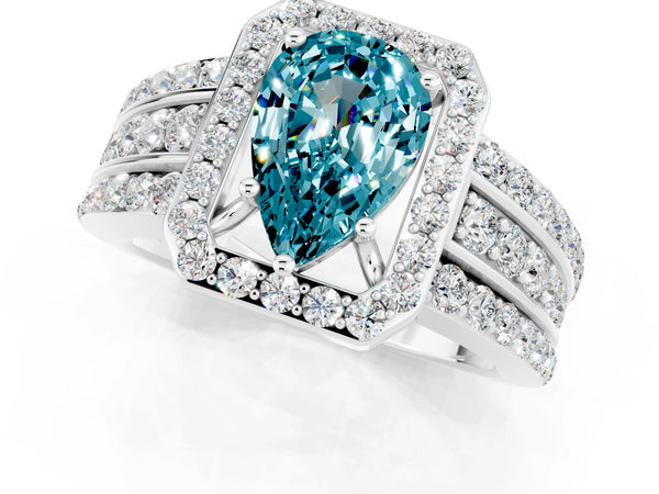 Silver Pear Cut Halo Blue Topaz Ring with Round  Split Shank and Prong Setting