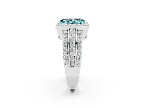 Silver Pear Cut Halo Blue Topaz Ring with Round  Split Shank and Prong Setting
