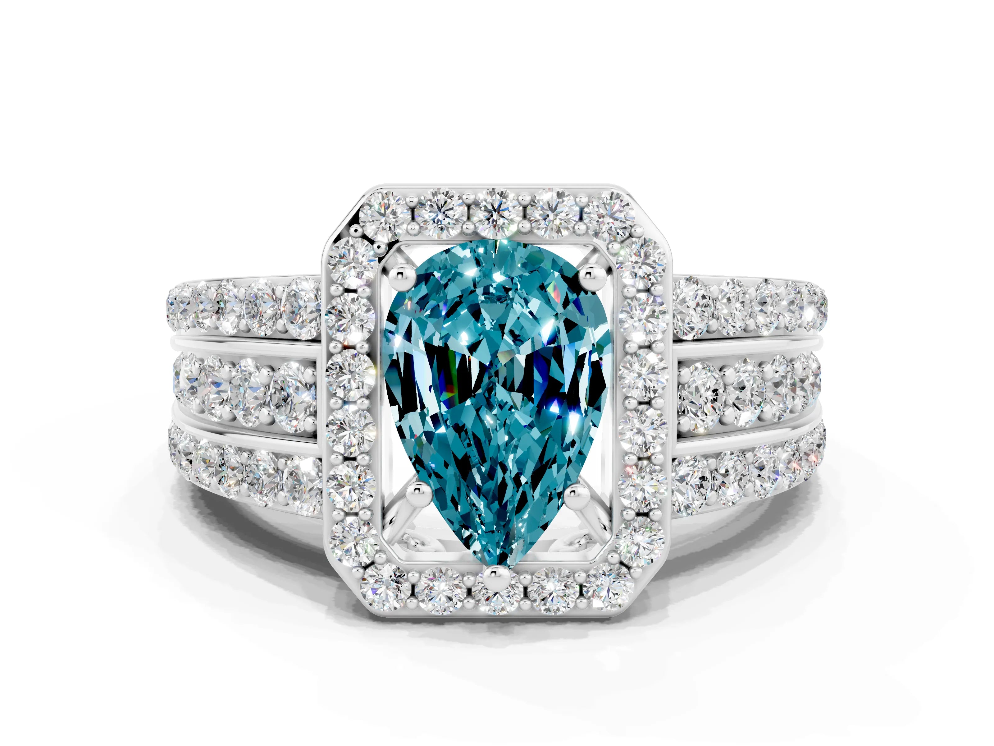 White gold Pear Cut Halo Blue Topaz Ring with Split Shank and Four-Prong Setting