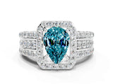 White gold Pear Cut Halo Blue Topaz Ring with Split Shank and Four-Prong Setting