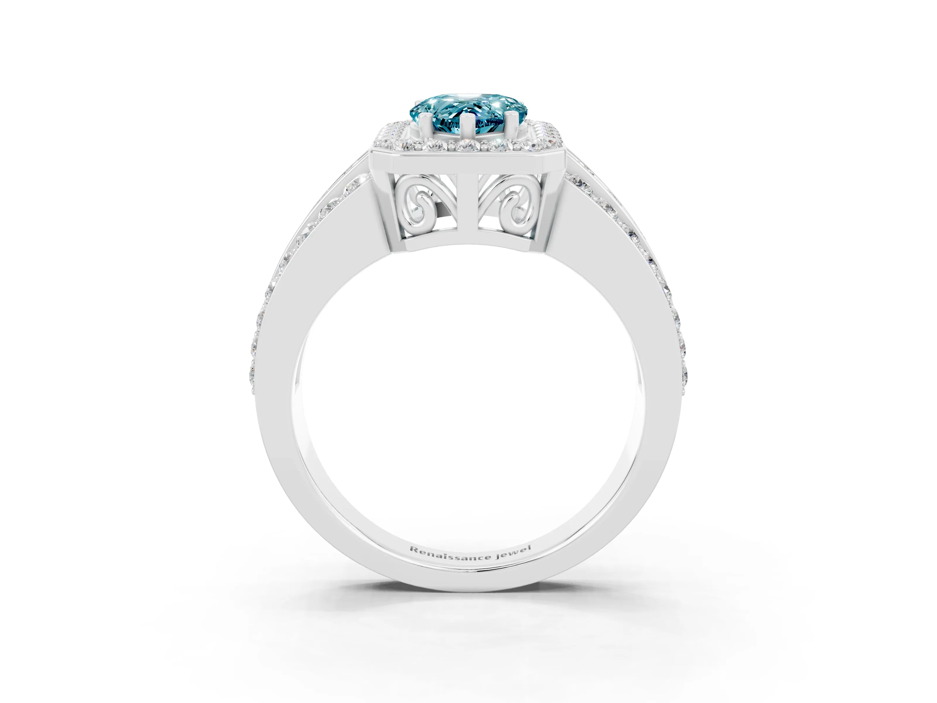 White gold Pear Cut Halo Blue Topaz Ring with Split Shank and Four-Prong Setting_3
