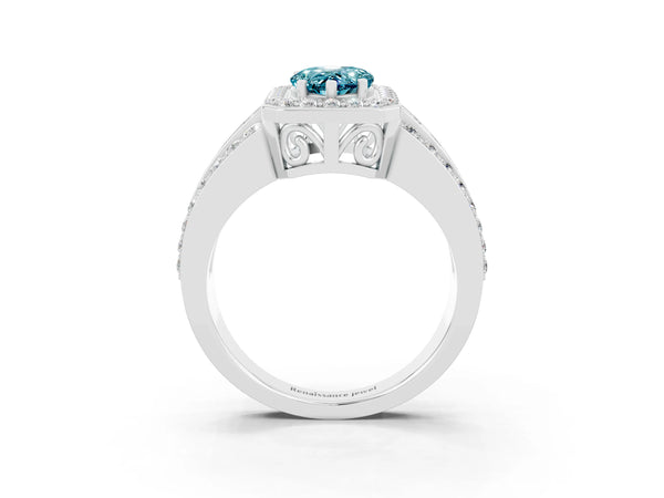 Silver Pear Cut Halo Blue Topaz Ring with Round  Split Shank and Prong Setting