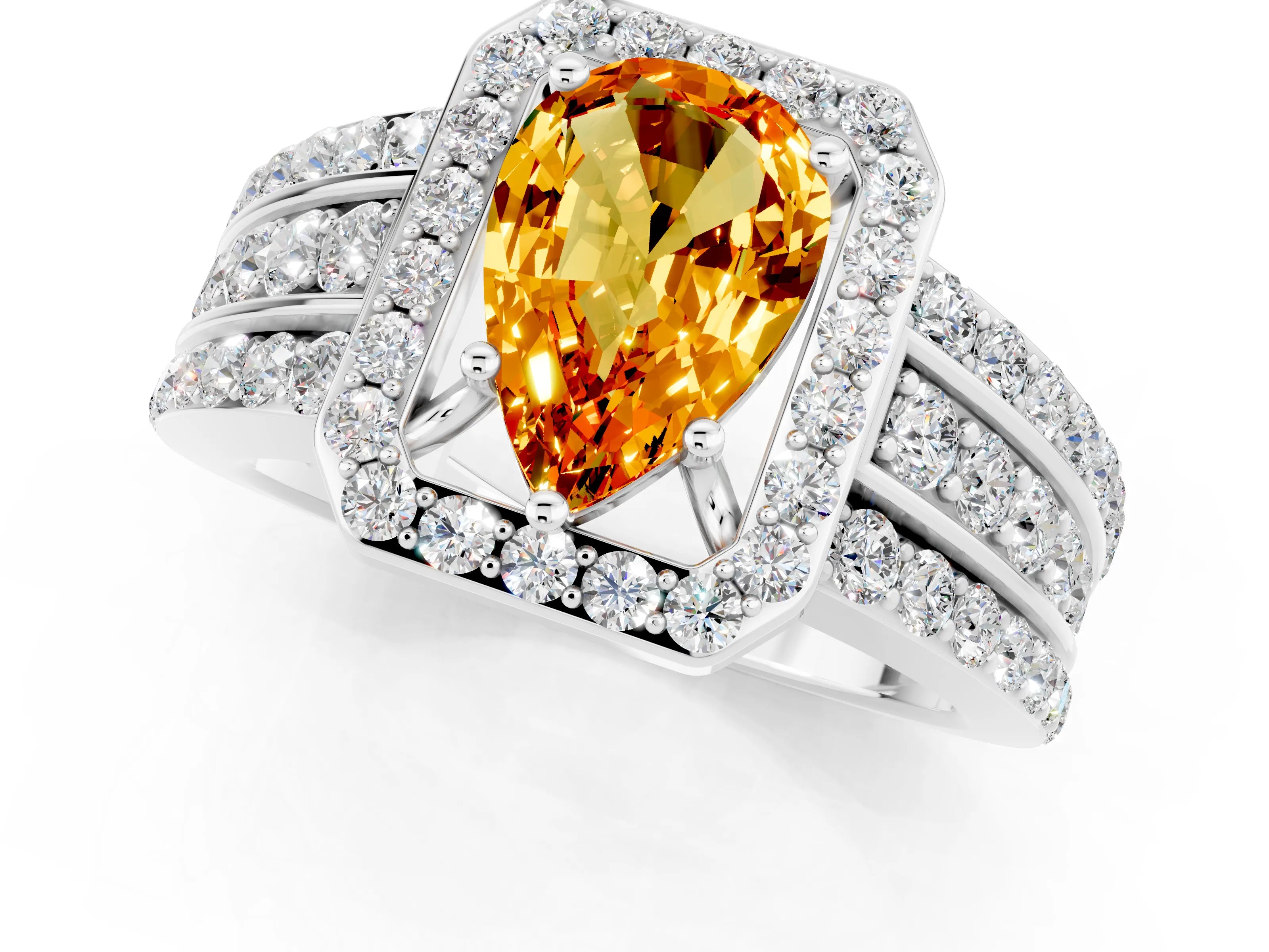 White gold Pear Cut Halo Citrine Ring with Split Shank and Four-Prong Setting_1