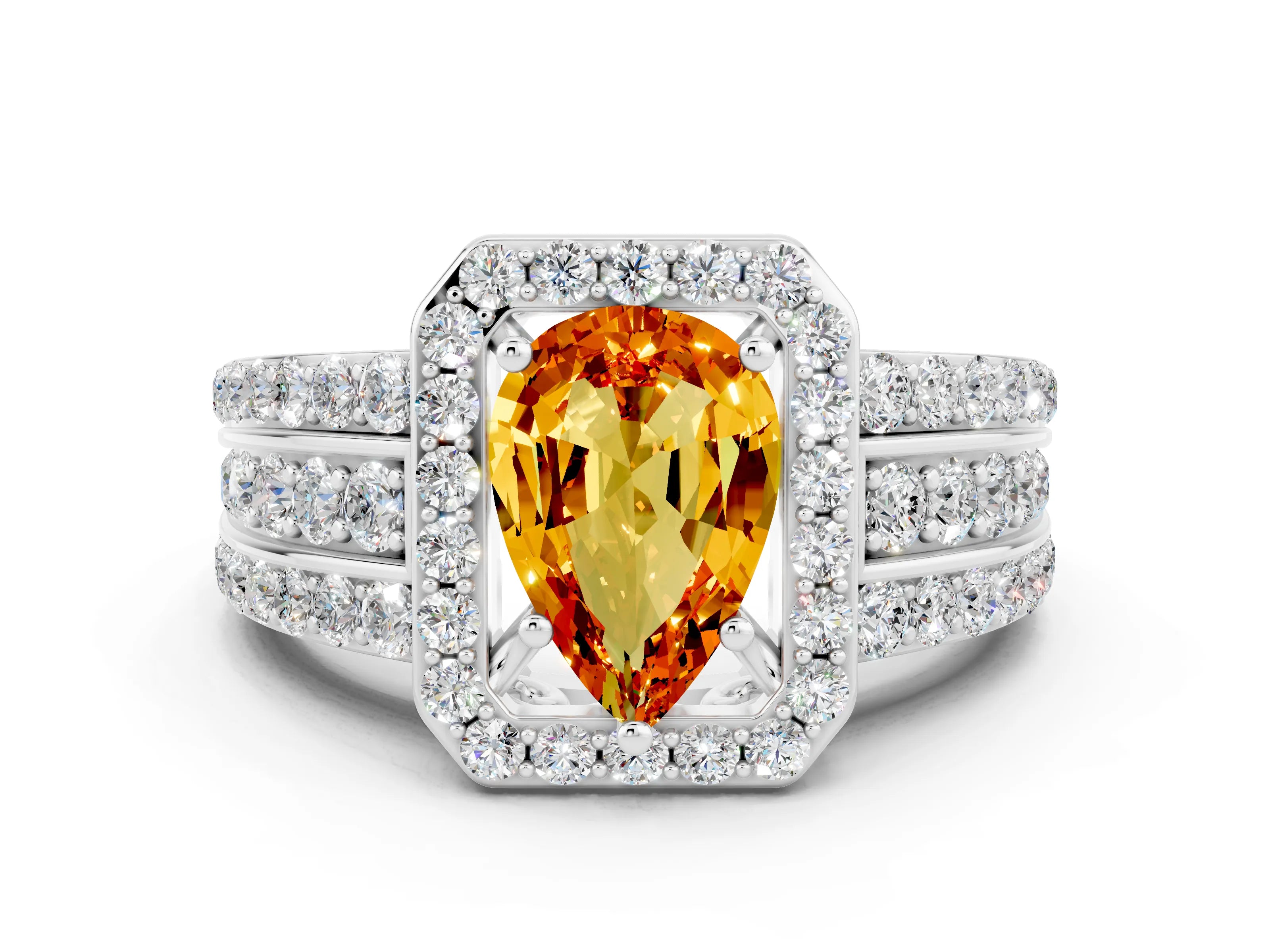 White gold Pear Cut Halo Citrine Ring with Split Shank and Four-Prong Setting