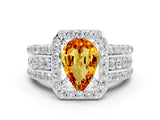 White gold Pear Cut Halo Citrine Ring with Split Shank and Four-Prong Setting