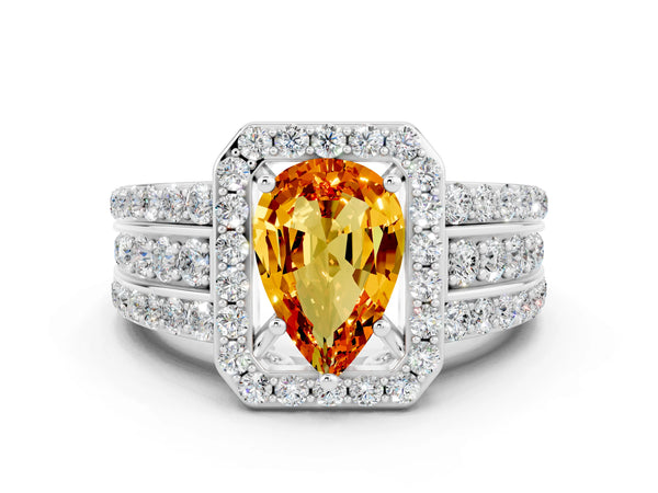 White gold Pear Cut Halo Citrine Ring with Round  Split Shank and Prong Setting
