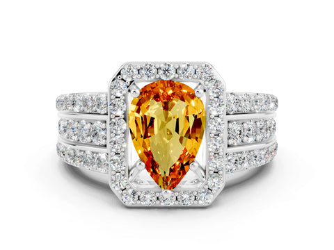 White gold Pear Cut Halo Citrine Ring with Split Shank and Four-Prong Setting