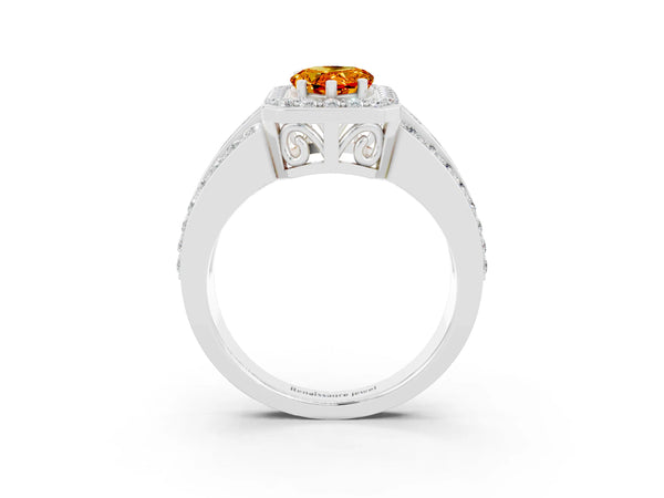 Silver Pear Cut Halo Citrine Ring with Round  Split Shank and Prong Setting
