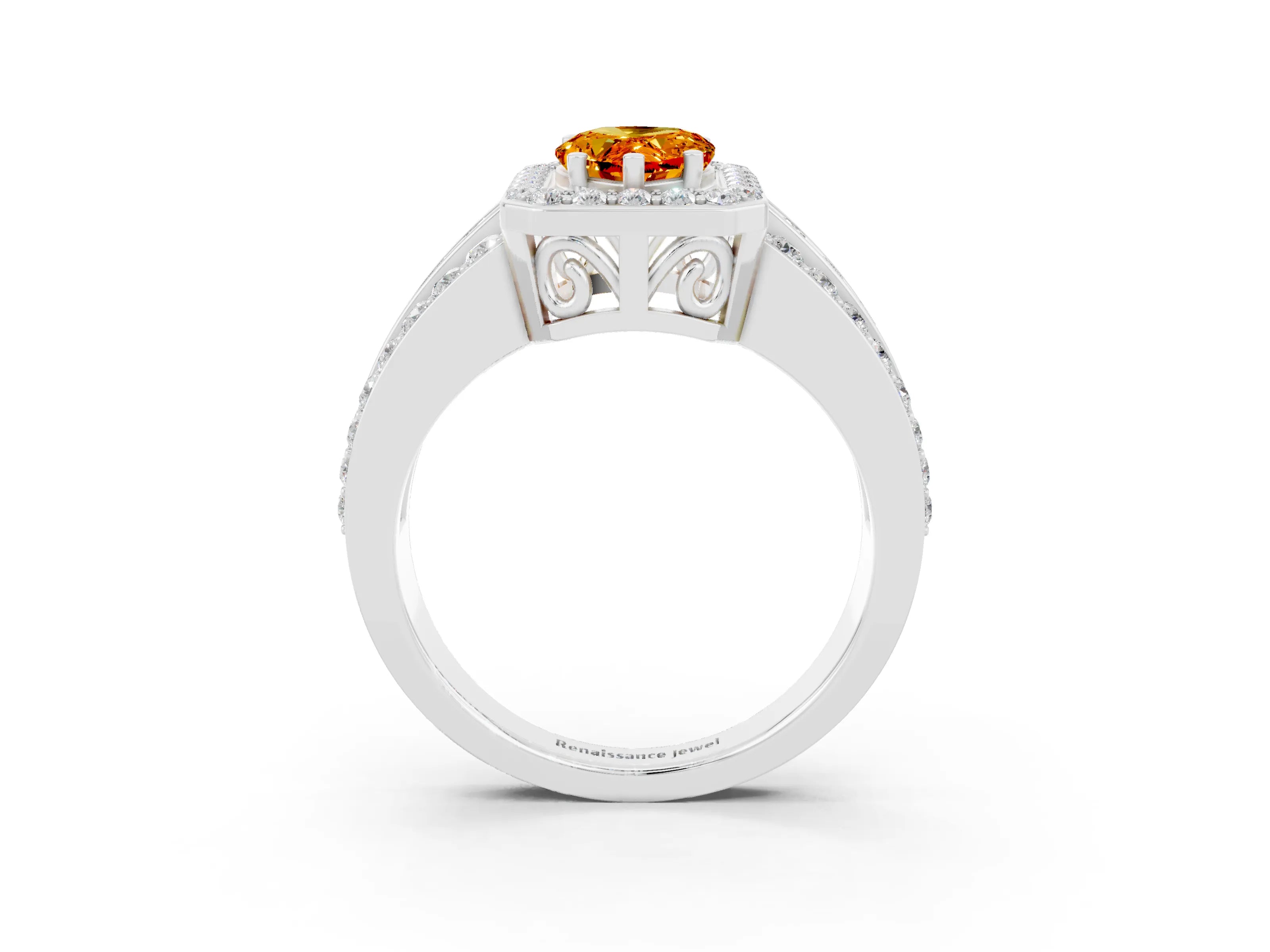 White gold Pear Cut Halo Citrine Ring with Split Shank and Four-Prong Setting_3