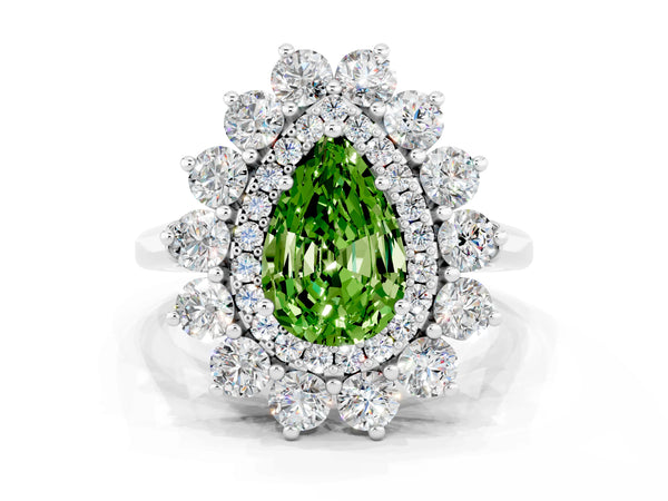 Platinum Pear Cut Peridot Floral Double Halo Engagement Ring with Prong Setting