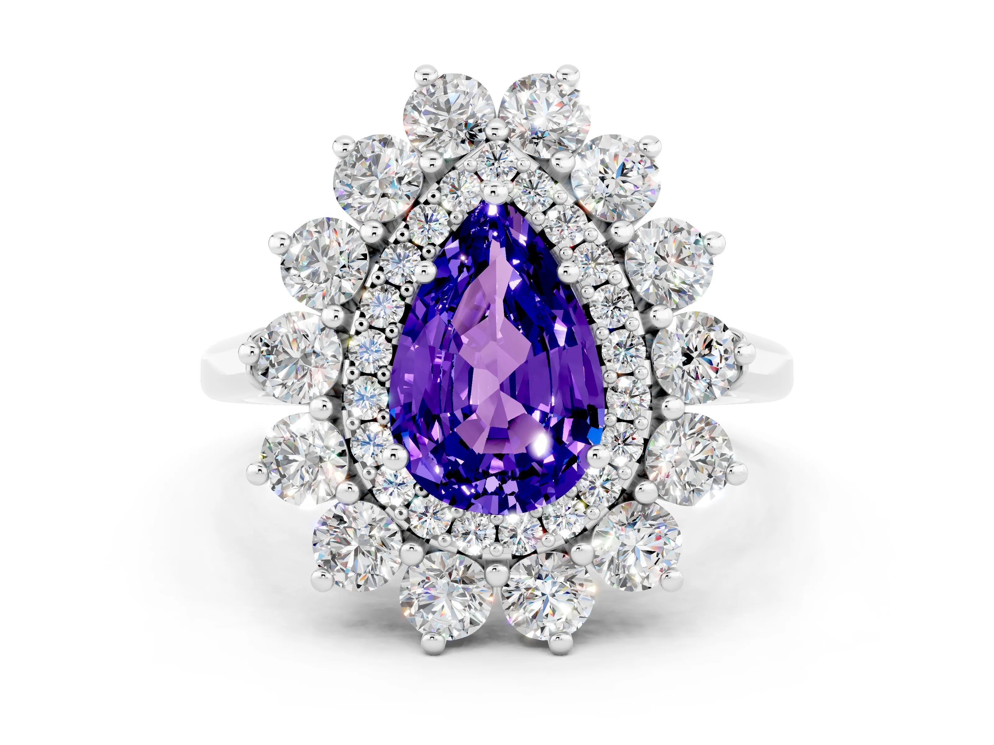 White gold Pear Cut Halo Cluster Diamond Ring with Pave Band and Four-Prong Setting_12