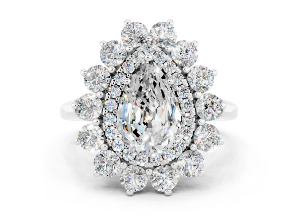 Silver Pear Cut Moissanite Floral Double Halo Engagement Ring with Prong Setting
