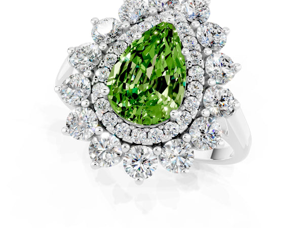 Silver Pear Cut Peridot Floral Double Halo Engagement Ring with Prong Setting