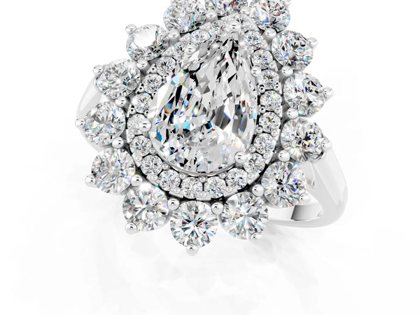 Silver Pear Cut Moissanite Floral Double Halo Engagement Ring with Prong Setting