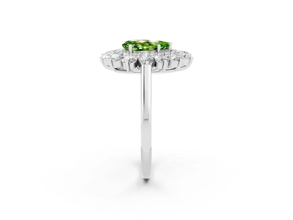 White gold Pear Cut Peridot Floral Double Halo Engagement Ring with Prong Setting