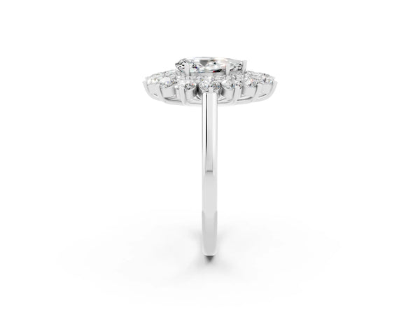 Silver Pear Cut Moissanite Floral Double Halo Engagement Ring with Prong Setting