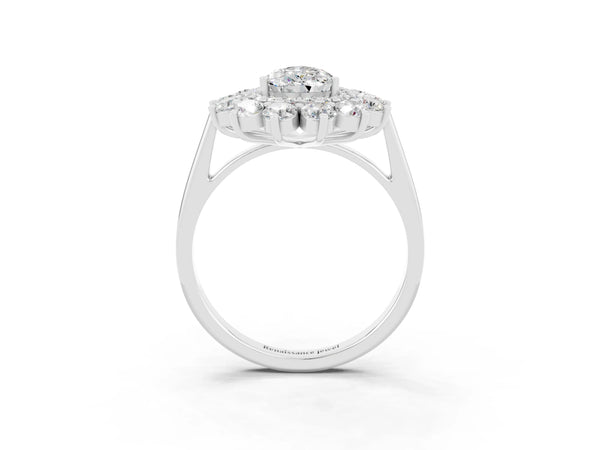 Silver Pear Cut Moissanite Floral Double Halo Engagement Ring with Prong Setting