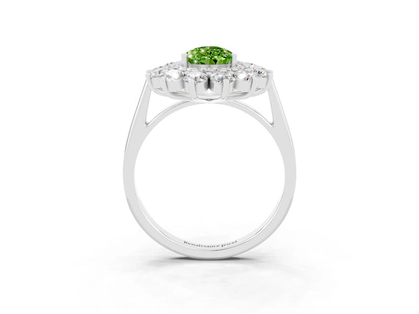 White gold Pear Cut Peridot Floral Double Halo Engagement Ring with Prong Setting