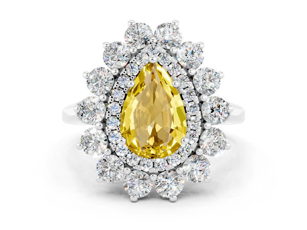 White gold Pear Cut Yellow Sapphire Floral Double Halo Engagement Ring with Prong Setting