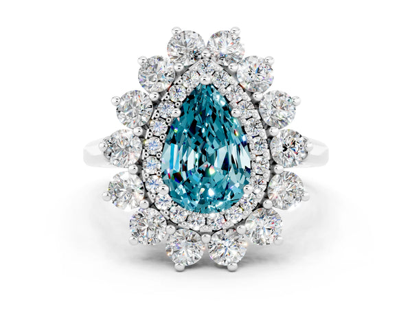 White gold Pear Cut Blue Topaz Floral Double Halo Engagement Ring with Prong Setting