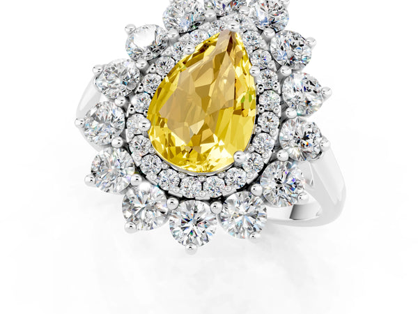 White gold Pear Cut Yellow Sapphire Floral Double Halo Engagement Ring with Prong Setting