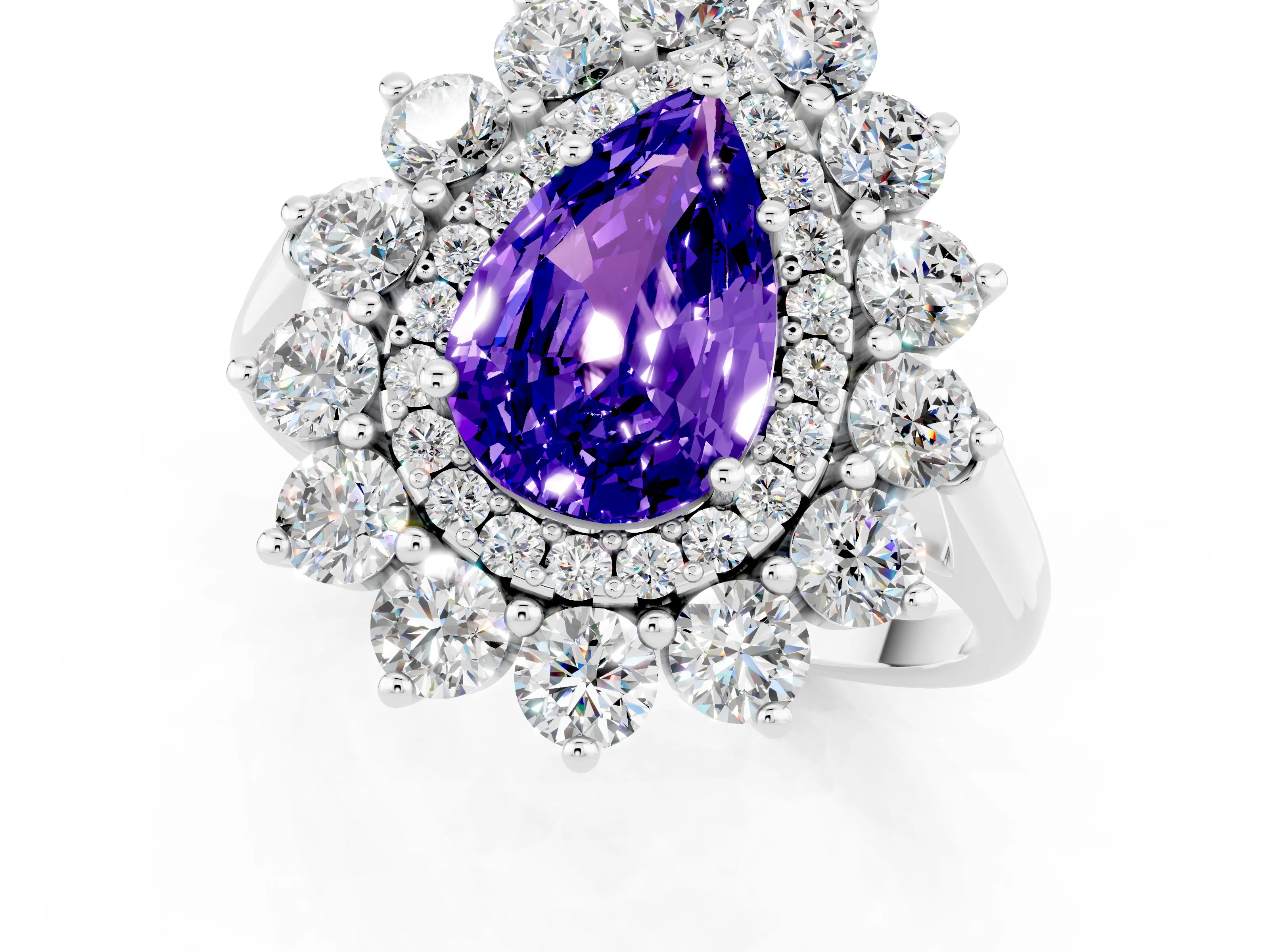 White gold Pear Cut Halo Cluster Diamond Ring with Pave Band and Four-Prong Setting_1